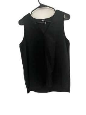 DKNY Black Sleeveless Layered Blouse V-Neck Sheer Overlay Size S